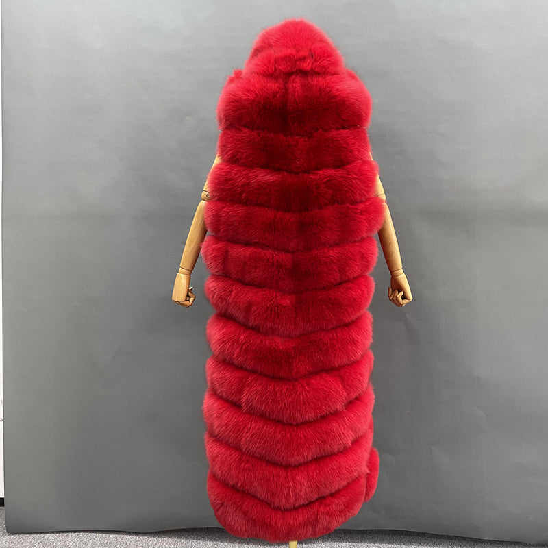 Winter Long Hooded Fox Fur Womens Luxury Vest - Janefur