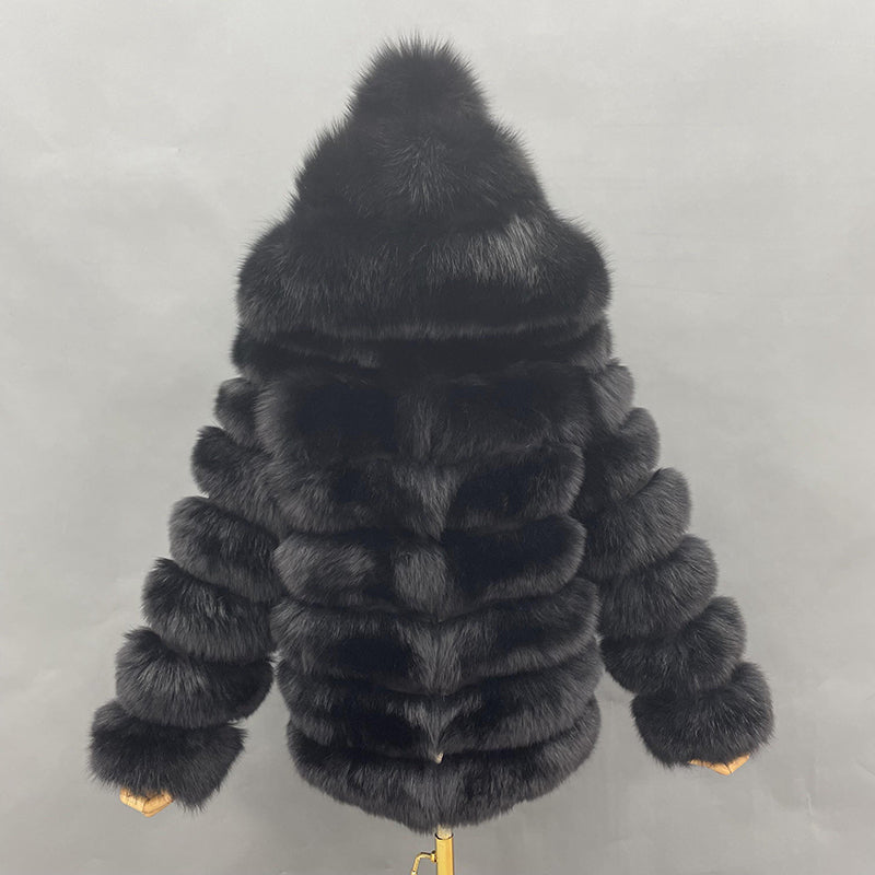 Fashion Women's Solid Color Real Fox Fur Warm Coat With Hat - Janefur