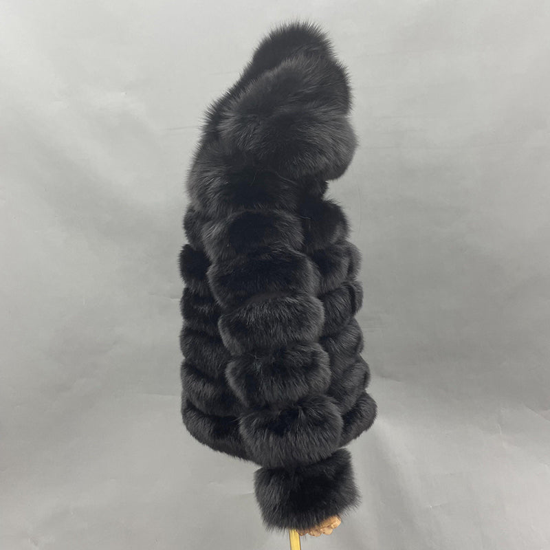Fashion Women's Solid Color Real Fox Fur Warm Coat With Hat - Janefur