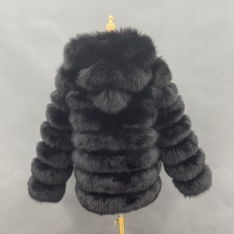 Fashion Women's Solid Color Real Fox Fur Warm Coat With Hat - Janefur