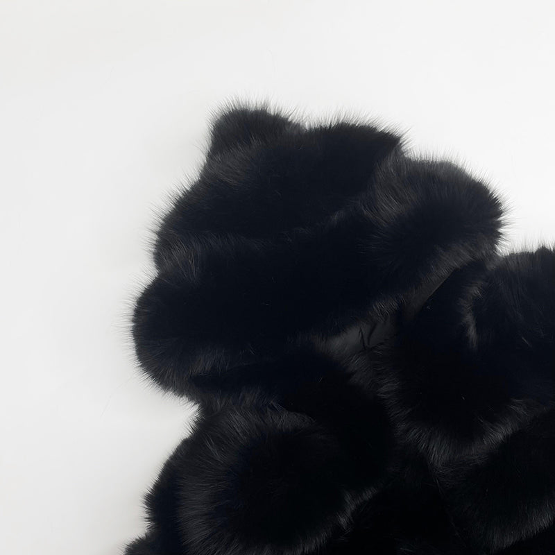 Fashion Women's Solid Color Real Fox Fur Warm Coat With Hat - Janefur