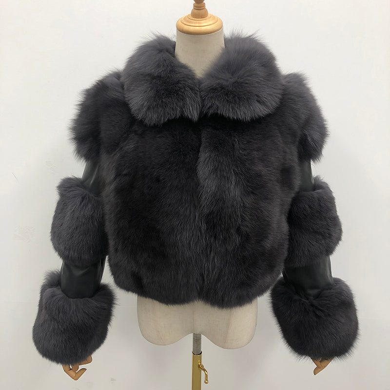 Women's Lapel Luxury Fox Jacket Full Fur Solid Color Short Style - Janefur