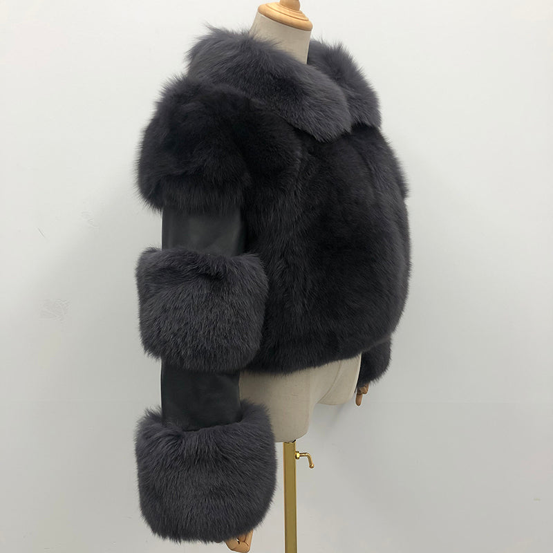 Women's Lapel Luxury Fox Jacket Full Fur Solid Color Short Style - Janefur