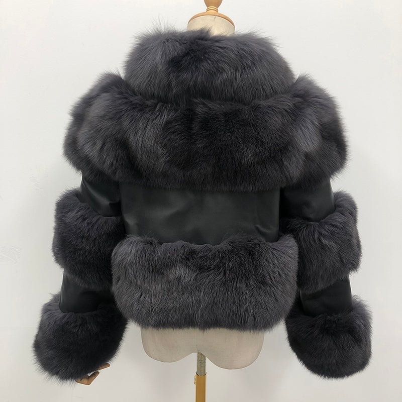 Women's Lapel Luxury Fox Jacket Full Fur Solid Color Short Style - Janefur