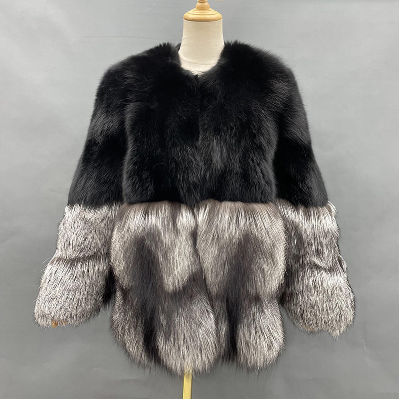 Winter Women's Luxury Premium Spliced Silver Fox Real Fur Coat - Janefur