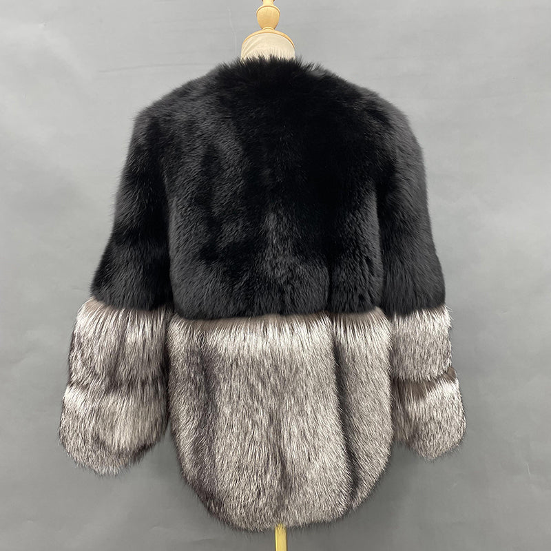Winter Women's Luxury Premium Spliced Silver Fox Real Fur Coat - Janefur
