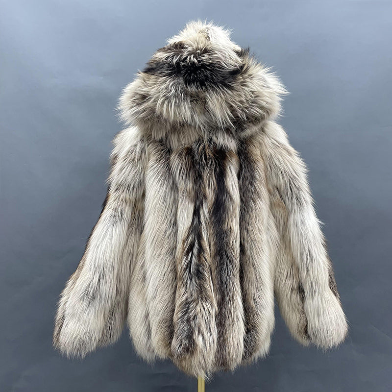 Classic Design Vertical Stripe Natural Color Fox Fur Coat Big Hood Luxury Fluffy Clothing - Janefur