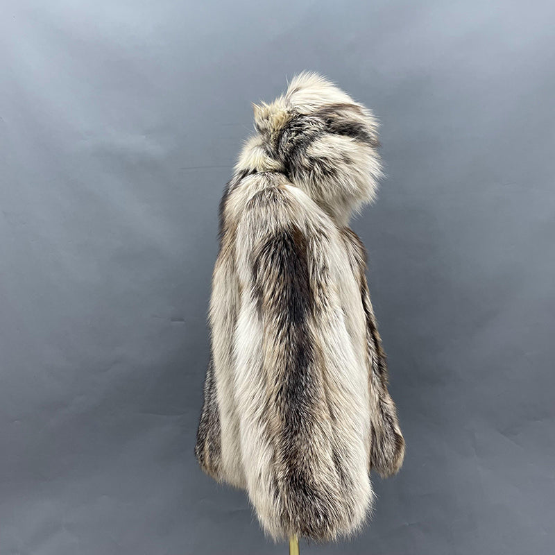 Classic Design Vertical Stripe Natural Color Fox Fur Coat Big Hood Luxury Fluffy Clothing - Janefur