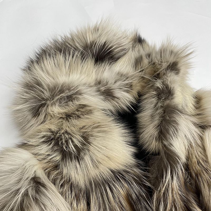 Classic Design Vertical Stripe Natural Color Fox Fur Coat Big Hood Luxury Fluffy Clothing - Janefur
