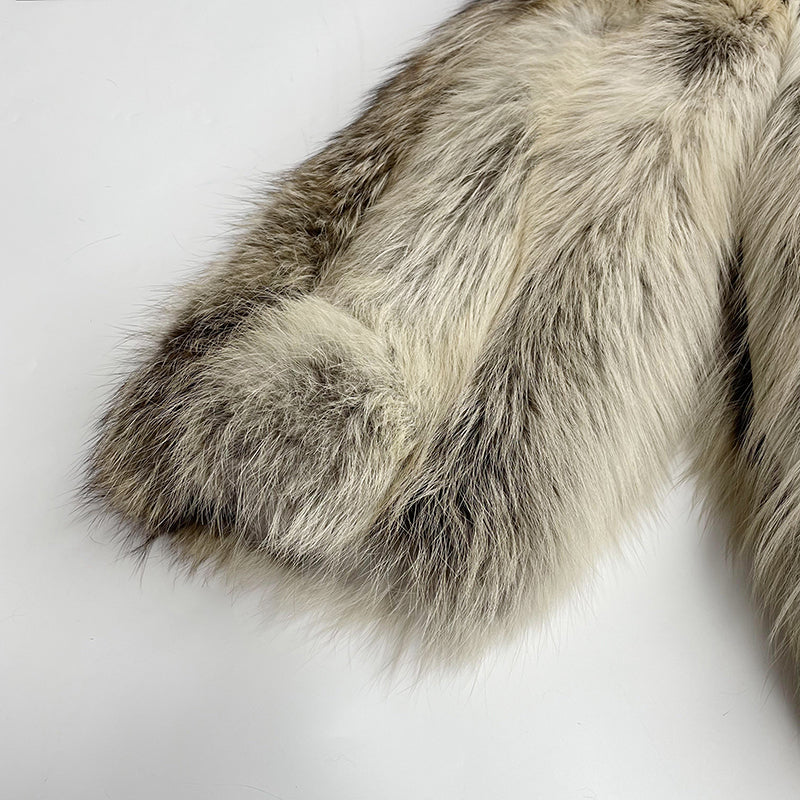 Classic Design Vertical Stripe Natural Color Fox Fur Coat Big Hood Luxury Fluffy Clothing - Janefur