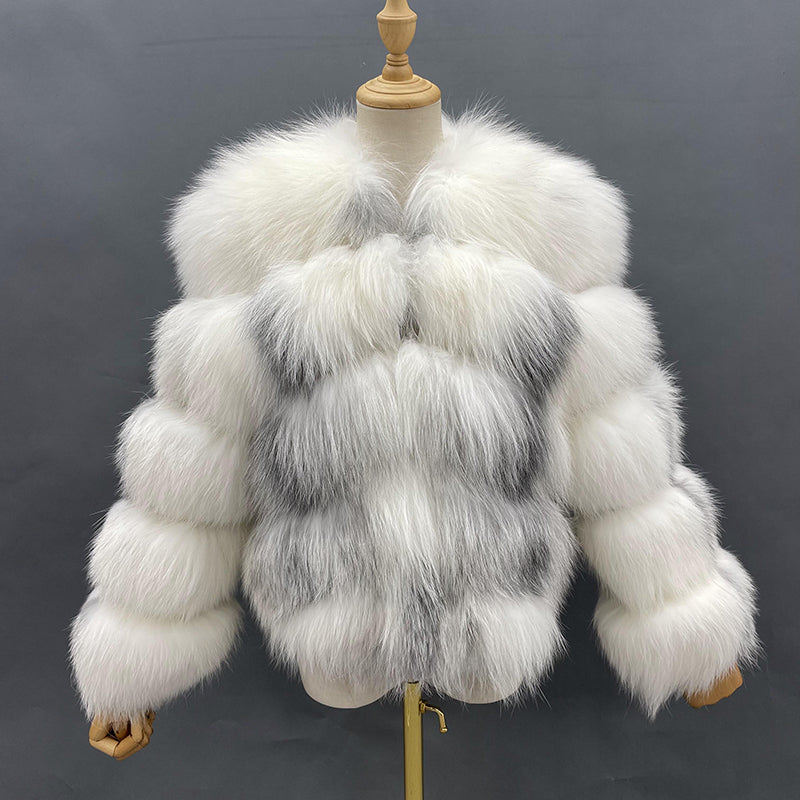 Round Neck Short Genuine Fur Fox Fur Women's Short Casual Coat - Janefur
