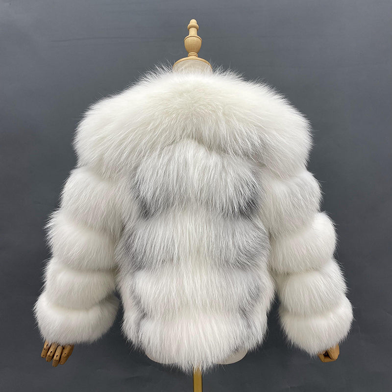 Round Neck Short Genuine Fur Fox Fur Women's Short Casual Coat - Janefur