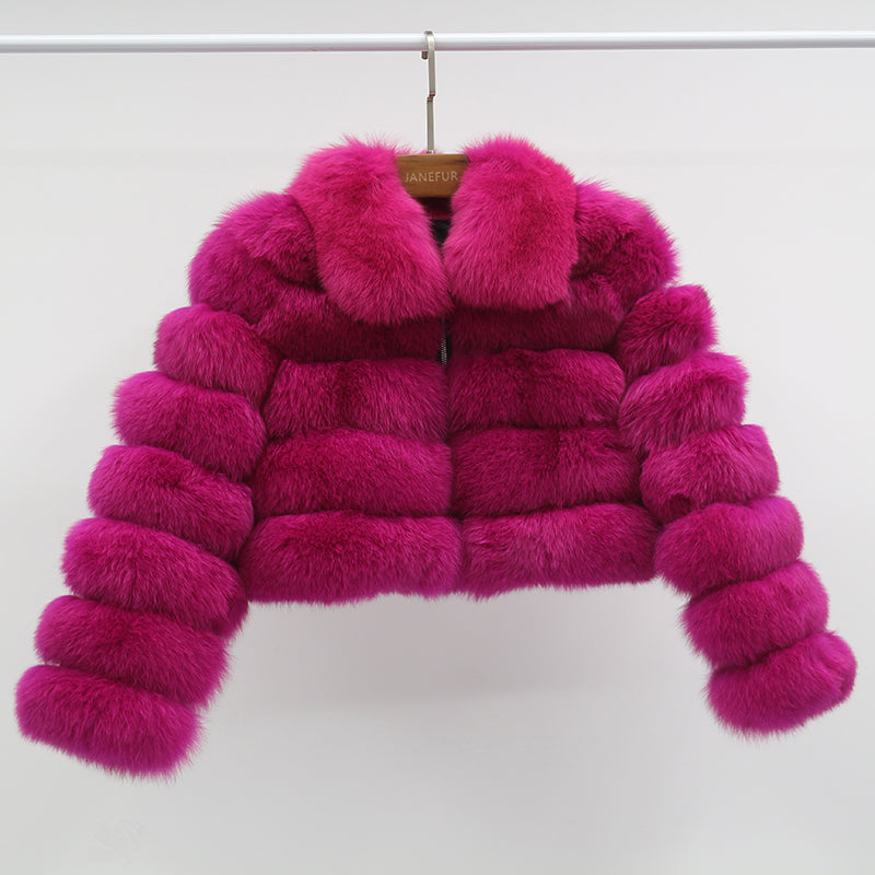 Women's Short Zip Fox Leather Jacket Square Neck Fluffy Fashion Coat - Janefur