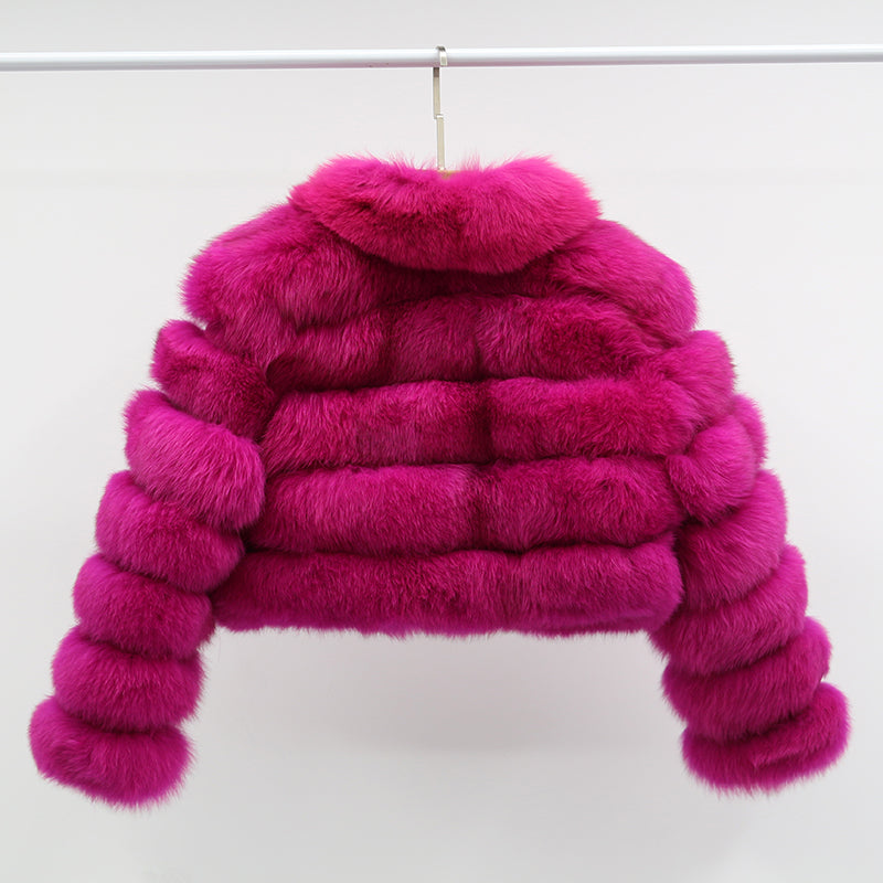 Women's Short Zip Fox Leather Jacket Square Neck Fluffy Fashion Coat - Janefur