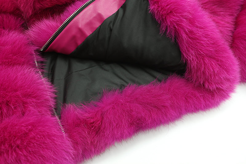 Women's Short Zip Fox Leather Jacket Square Neck Fluffy Fashion Coat - Janefur