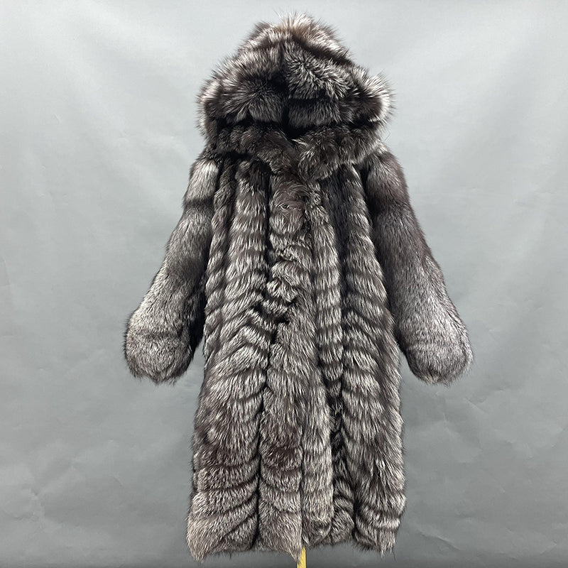 Winter Plus Size Luxury Women's Real Fox Fur Jacket Long Hooded Coat - Janefur