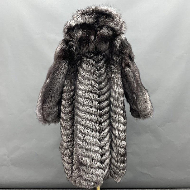 Winter Plus Size Luxury Women's Real Fox Fur Jacket Long Hooded Coat - Janefur