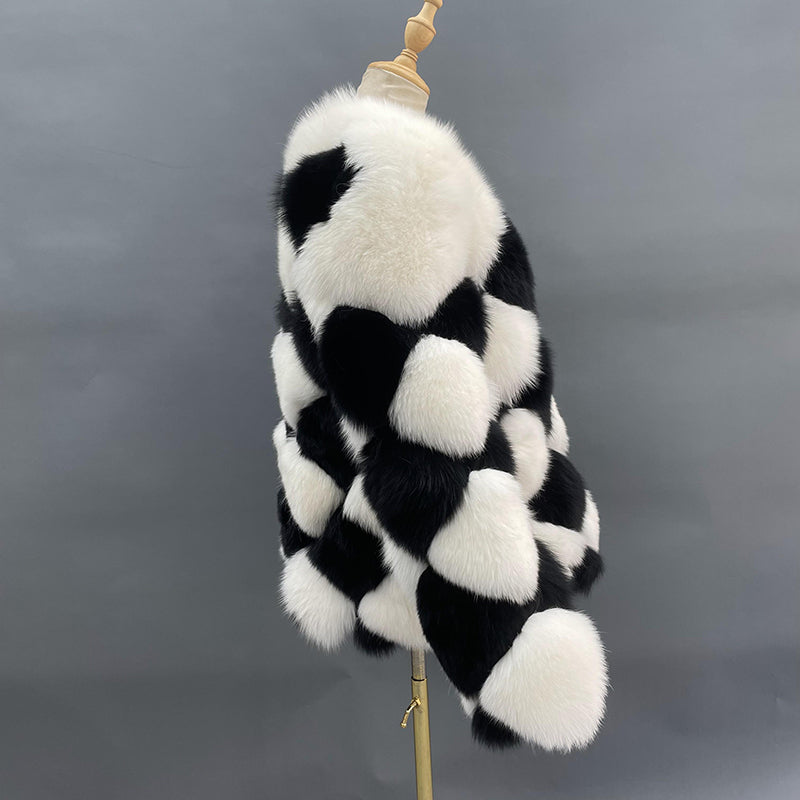 Premium Luxury Black And White Checked Real Fox Fur Coat For Women - Janefur