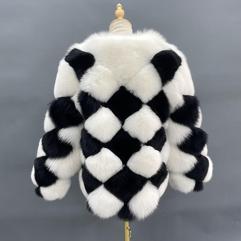 Premium Luxury Black And White Checked Real Fox Fur Coat For Women - Janefur