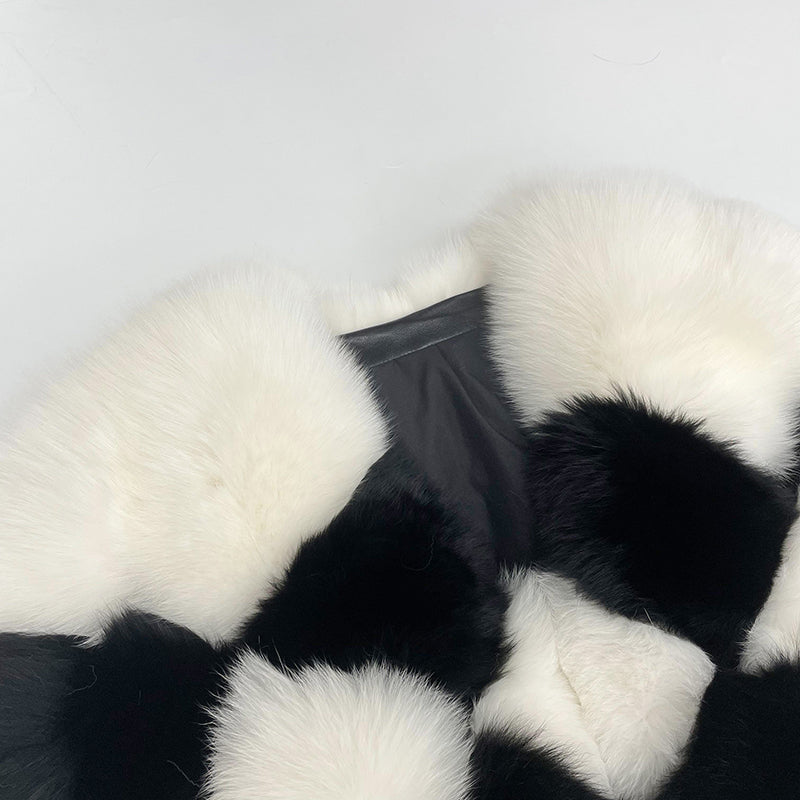 Premium Luxury Black And White Checked Real Fox Fur Coat For Women - Janefur