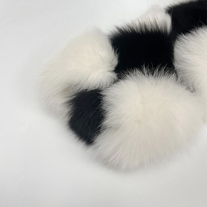 Premium Luxury Black And White Checked Real Fox Fur Coat For Women - Janefur