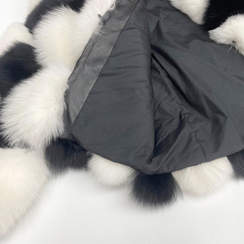 Premium Luxury Black And White Checked Real Fox Fur Coat For Women - Janefur