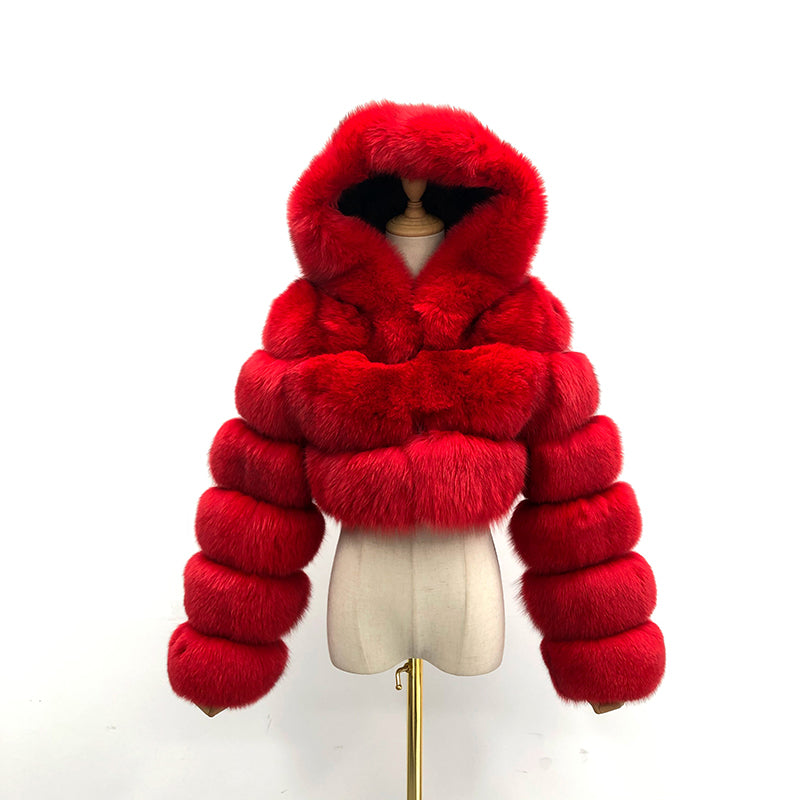 Fashion Short Genuine Fox Fur Coat Women's Winter Hooded Jacket - Janefur