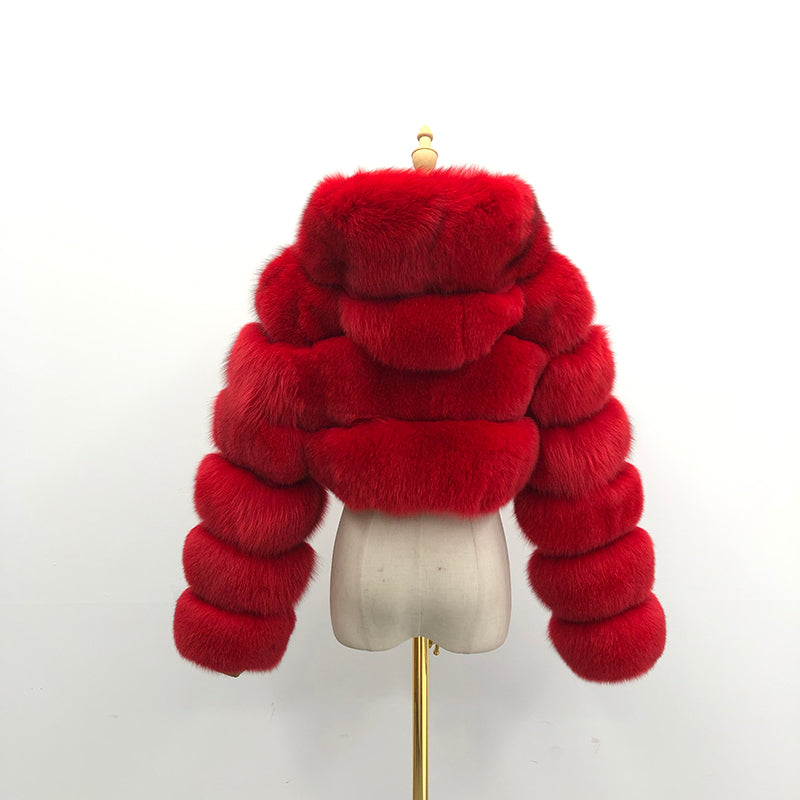 Fashion Short Genuine Fox Fur Coat Women's Winter Hooded Jacket - Janefur