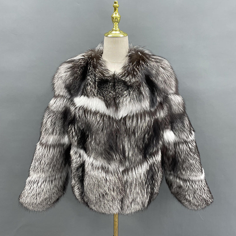 Luxury Winter Women's Crewneck Silver Fox Coat - Janefur