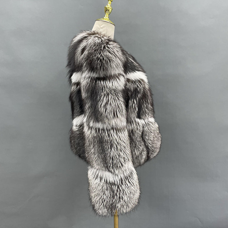 Luxury Winter Women's Crewneck Silver Fox Coat - Janefur