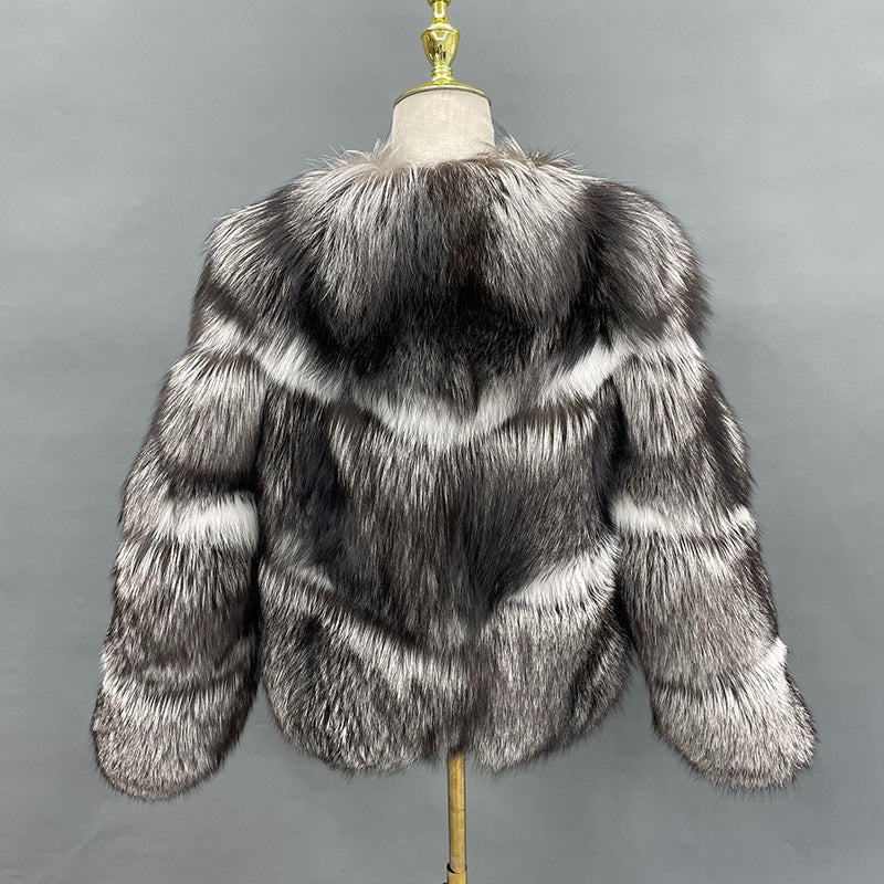 Luxury Winter Women's Crewneck Silver Fox Coat - Janefur