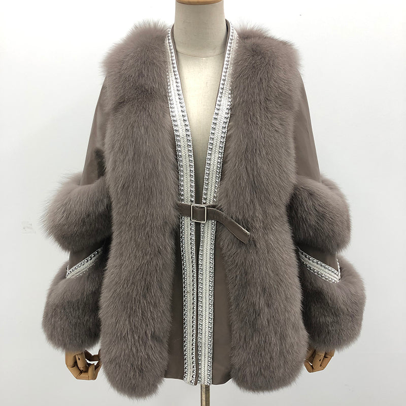 Women's Fox Fur Patchwork Leather Rivet Front Winter Coat - Janefur
