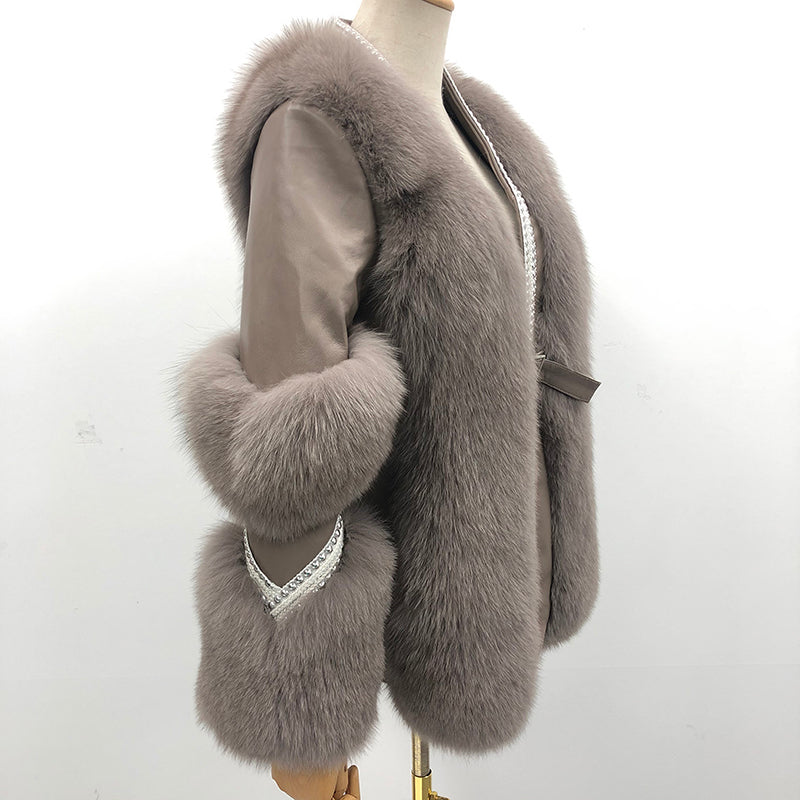 Women's Fox Fur Patchwork Leather Rivet Front Winter Coat - Janefur