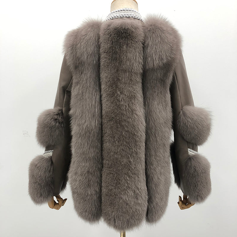 Women's Fox Fur Patchwork Leather Rivet Front Winter Coat - Janefur