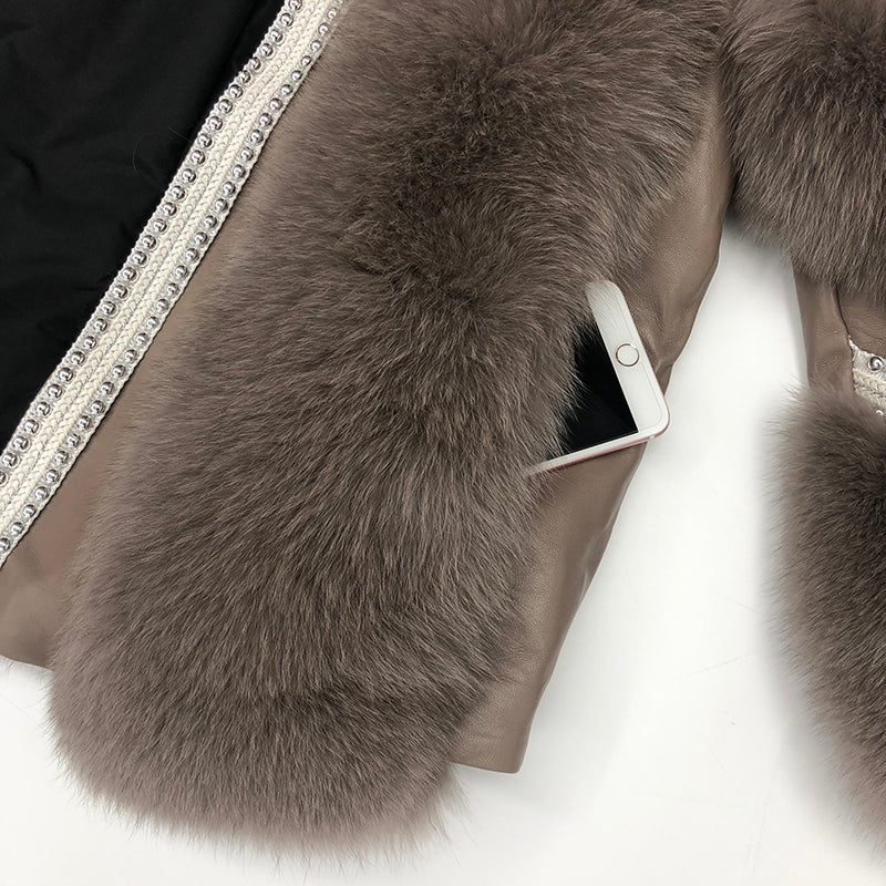 Women's Fox Fur Patchwork Leather Rivet Front Winter Coat - Janefur