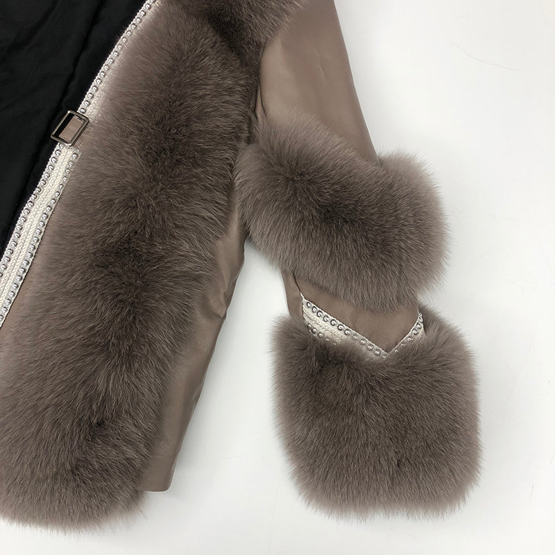 Women's Fox Fur Patchwork Leather Rivet Front Winter Coat - Janefur