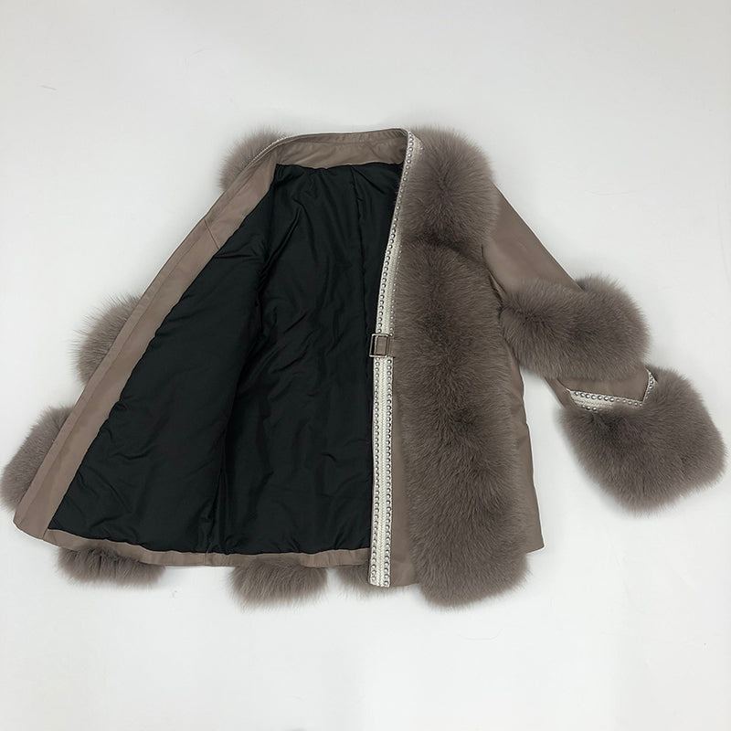 Women's Fox Fur Patchwork Leather Rivet Front Winter Coat - Janefur