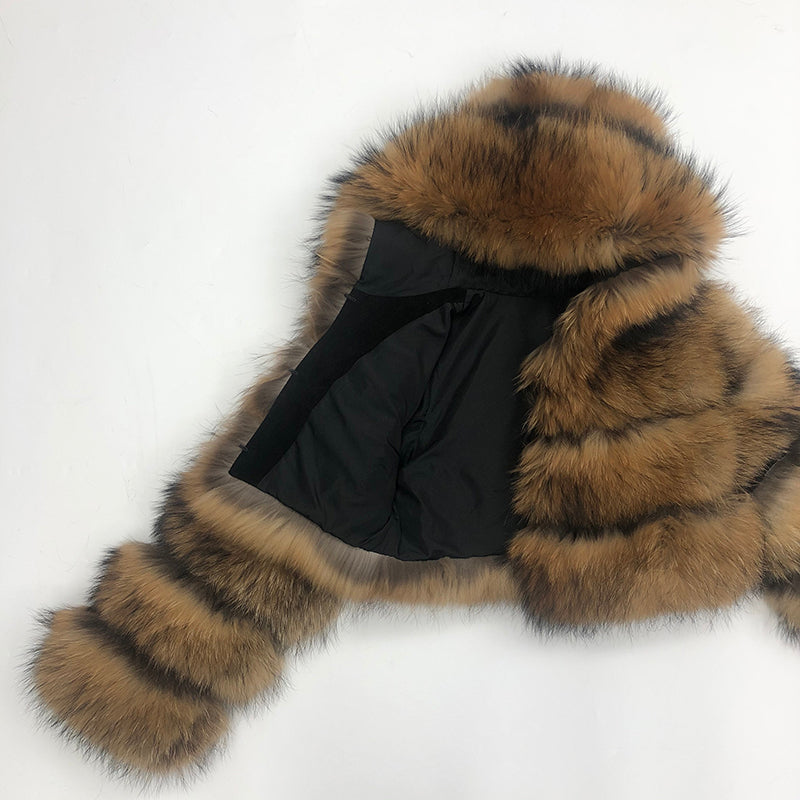 Fashion coat winter natural raccoon fur hooded short women's jacket - Janefur