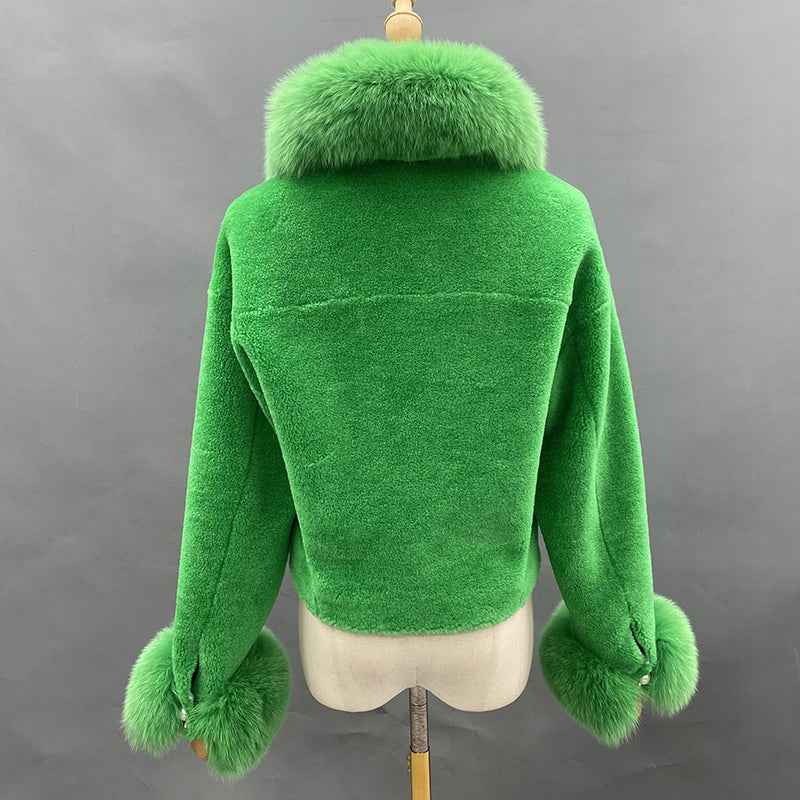 Pearl Button Lapel Shearling Short Jacket - Janefur