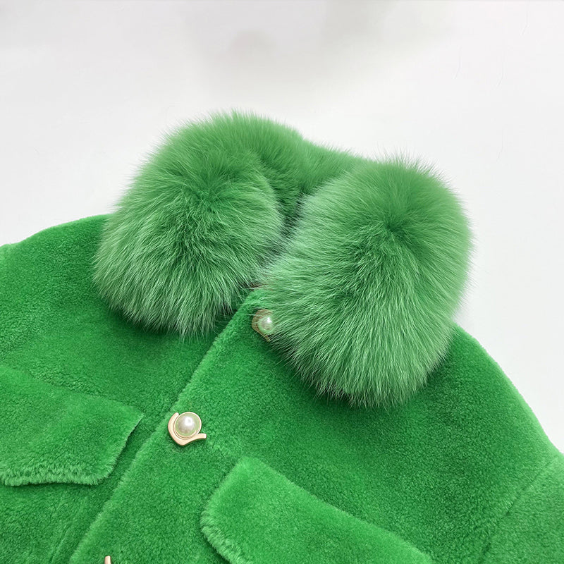 Pearl Button Lapel Shearling Short Jacket - Janefur