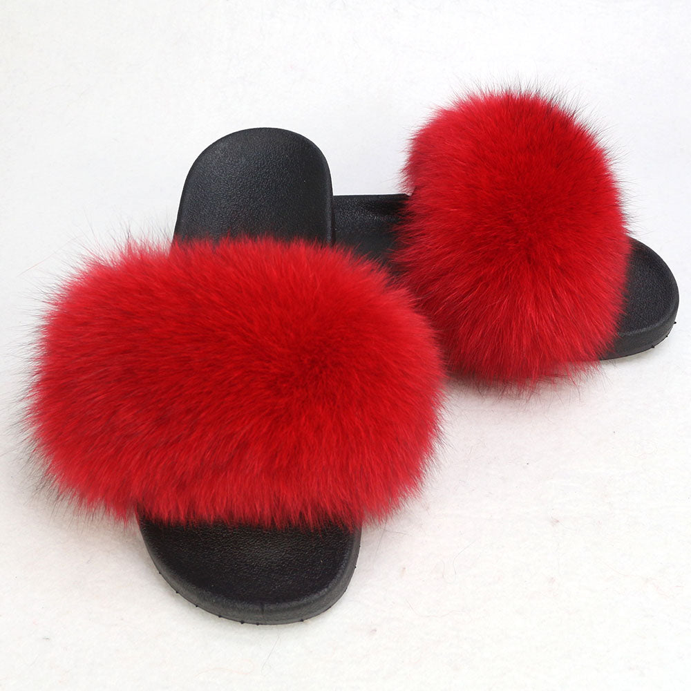Janefur Wholesale Women's Fashion Slippers With Real Fox Fur Trim (Black, Gold, Silver Soles)