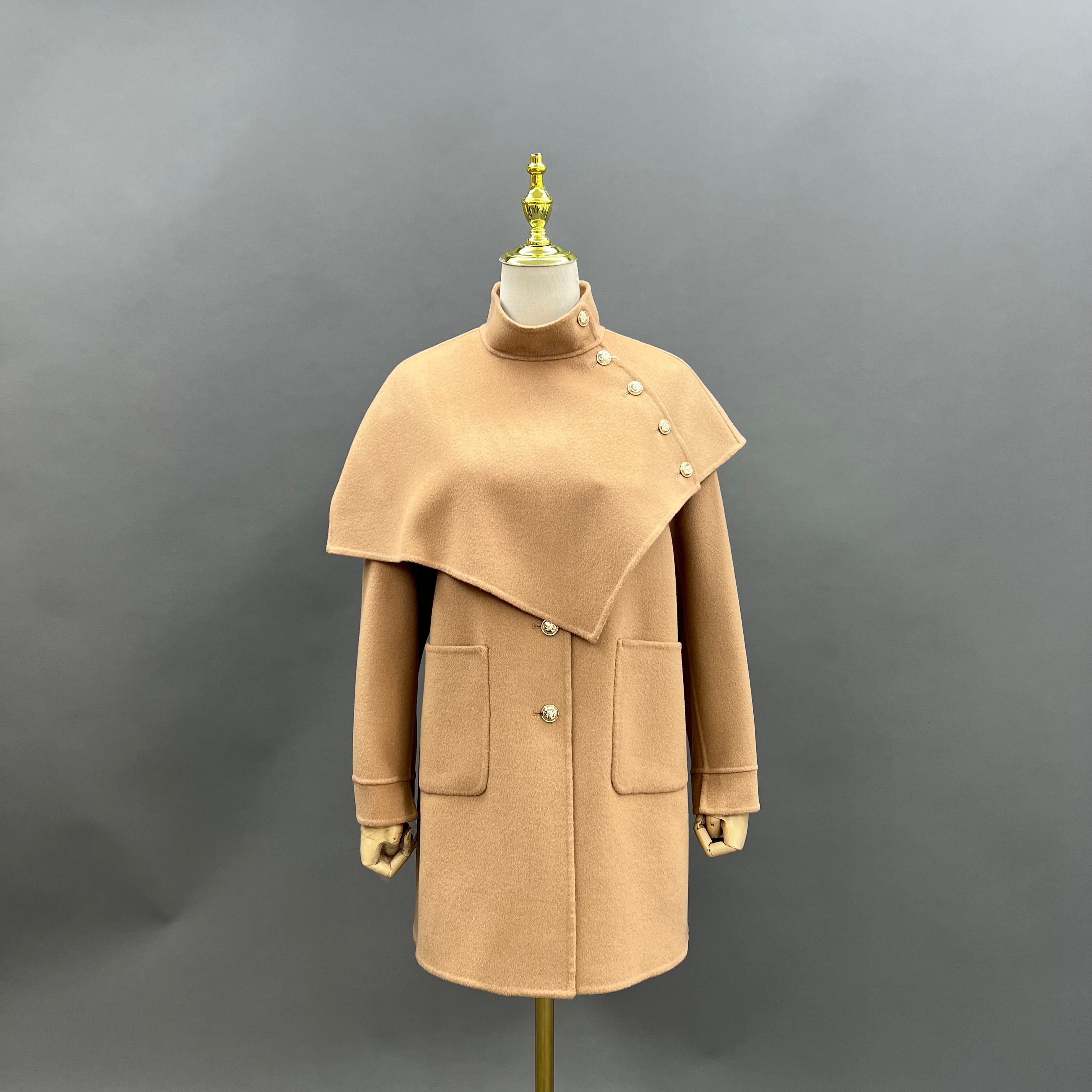 Women’s Camel Double-Faced Wool Cape Coat – Mid-Length Asymmetric Buttoned Winter Jacket for Elegant Fashion