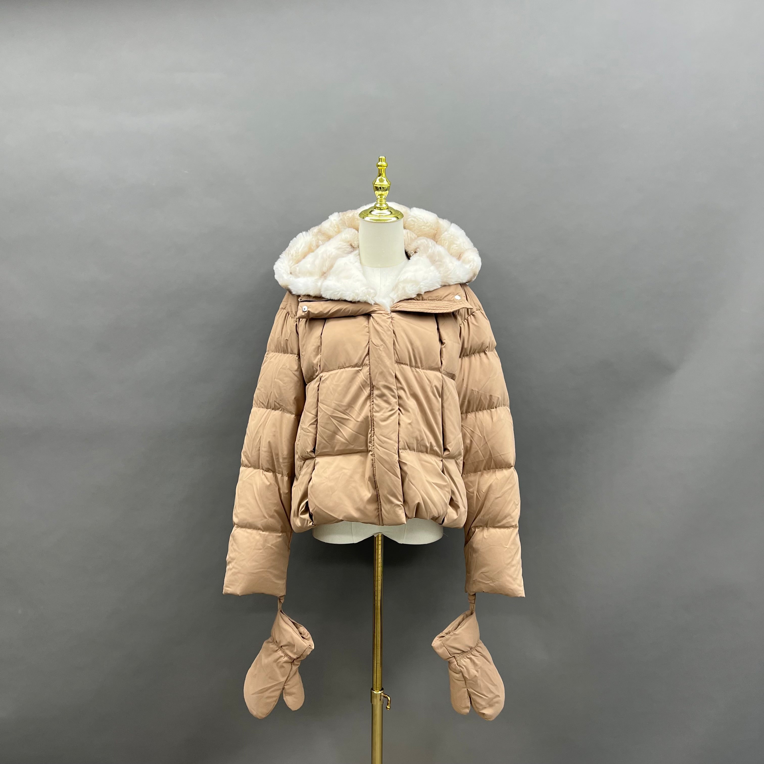 Women’s Beige Down Jacket with Real Rabbit Fur Hood – Detachable Mittens Winter Coat for Warm & Stylish Fashion