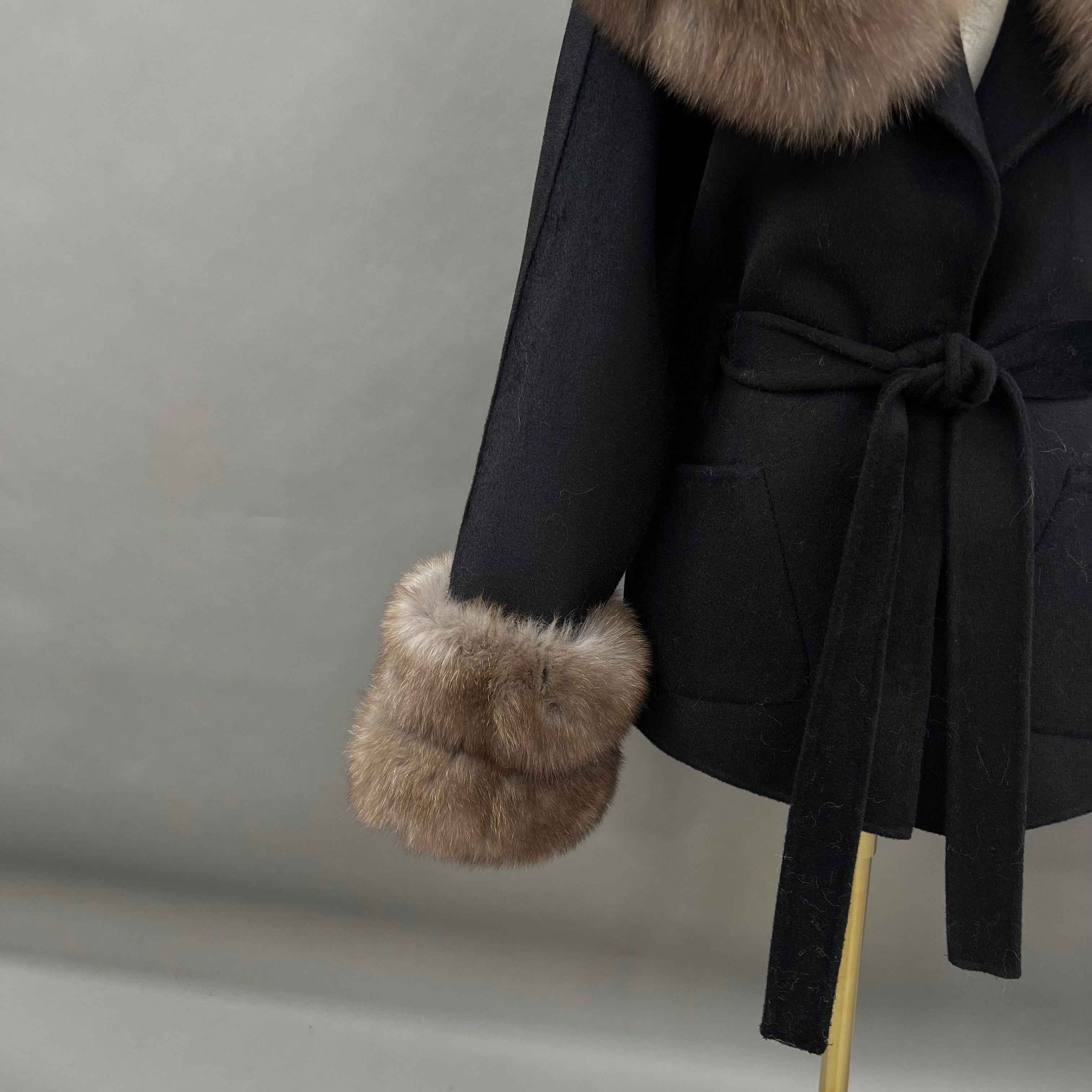 Autumn Winter Black Double - faced Wool Coat with Fox Fur Trim and Tie Waist
