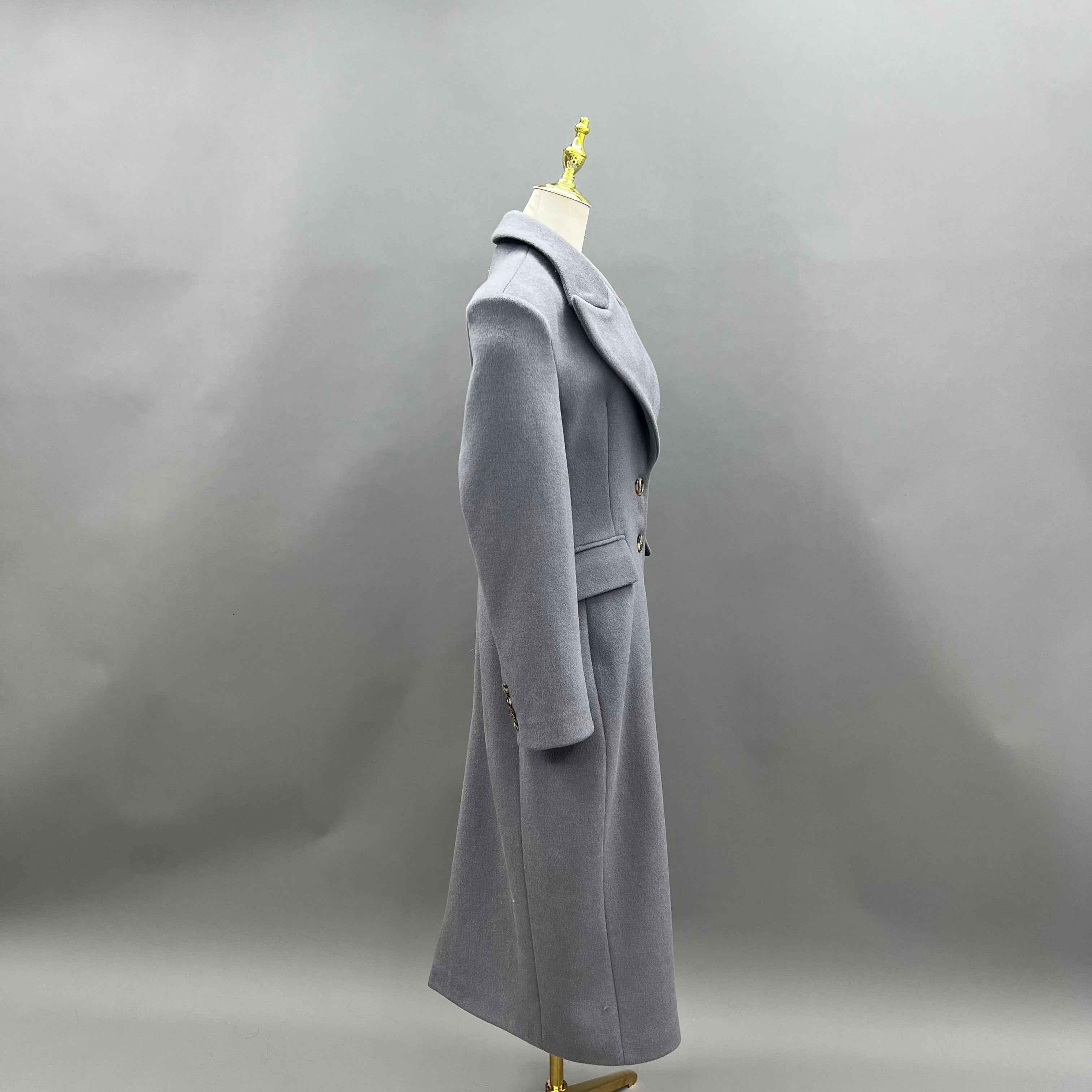 Women's Double - Sided Wool Coat with Shawl Collar, Shoulder Pads & Waist - Cinching Design