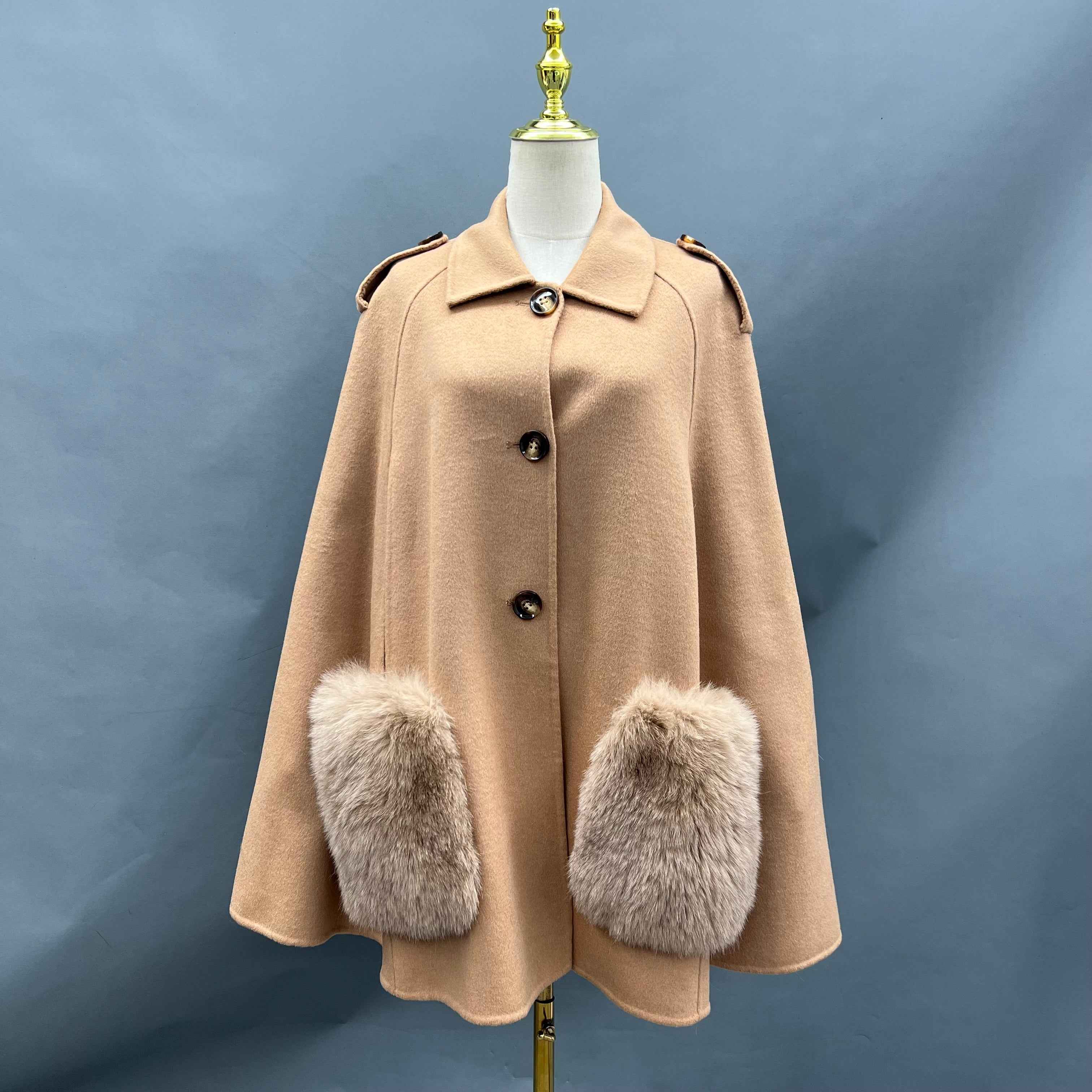 Women's Luxury Double - Faced Wool Cape with Fox Fur Pocket Trim, Elegant Winter Outerwear