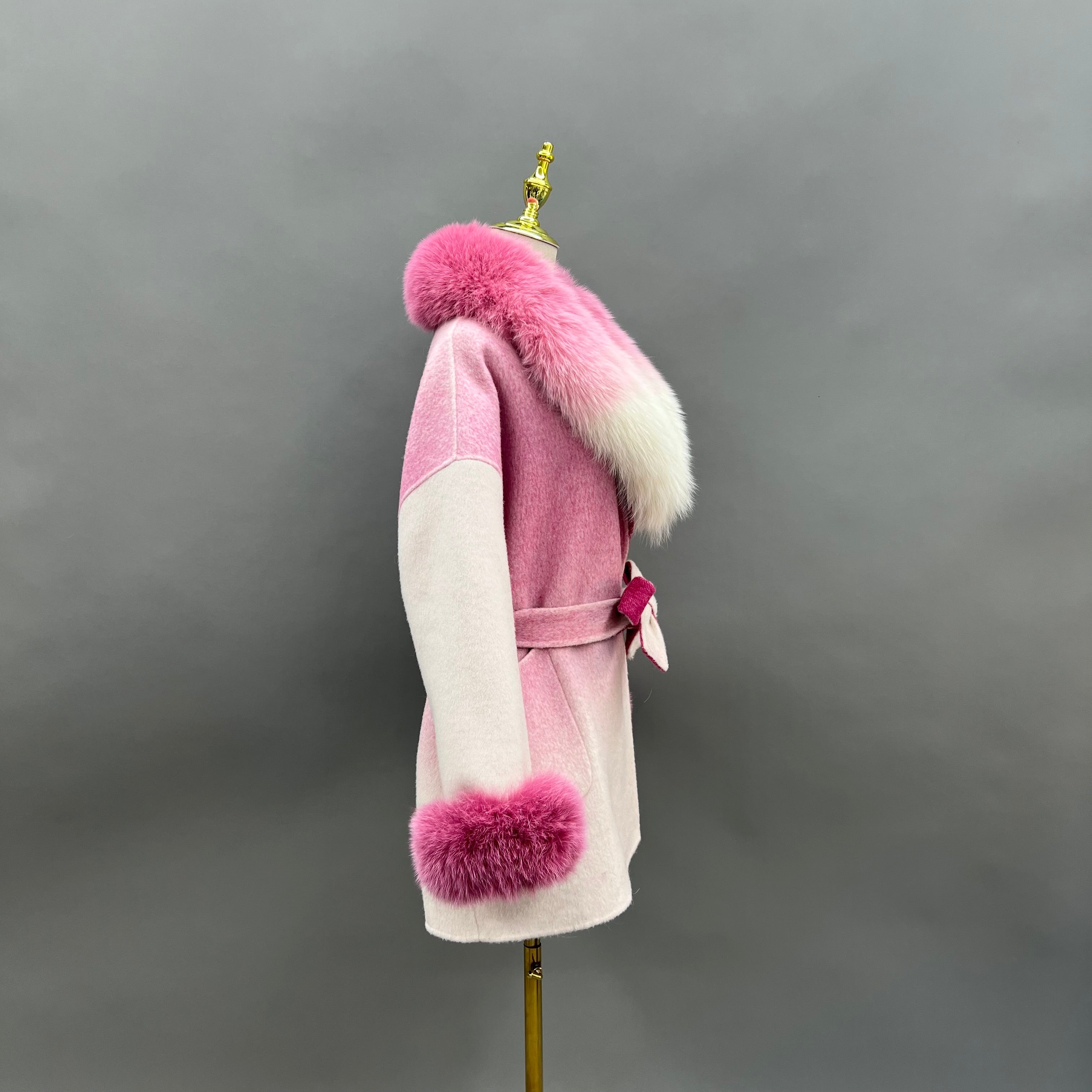 Women’s Pink Gradient Real Fox Fur Collar Wool Coat – Bow Belted Short Winter Jacket for Elegant Fashion