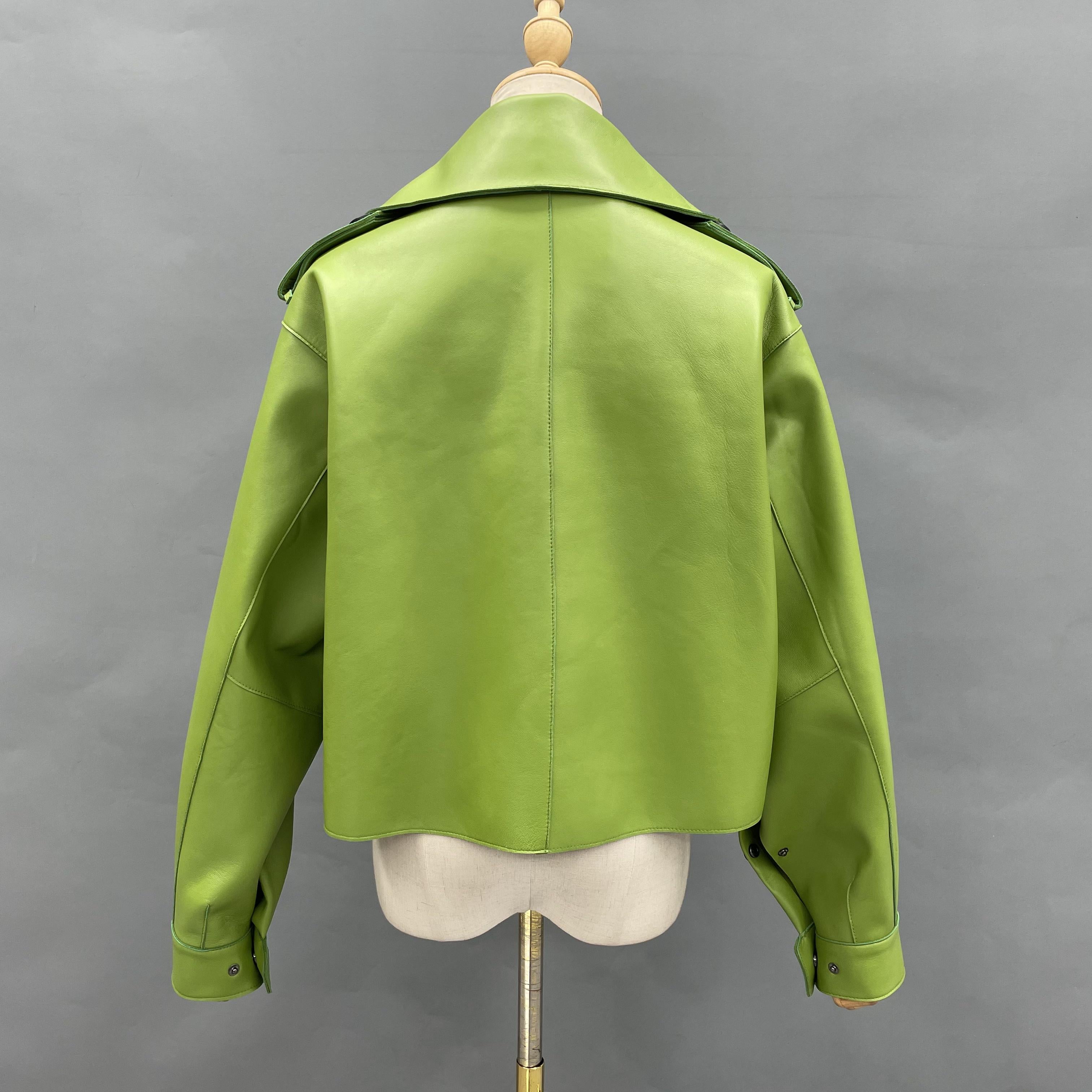 Women's Bright Green Faux Leather Biker Jacket with Wide Lapel, Slant Pockets & Belted Detail - Edgy Street Style Outerwear