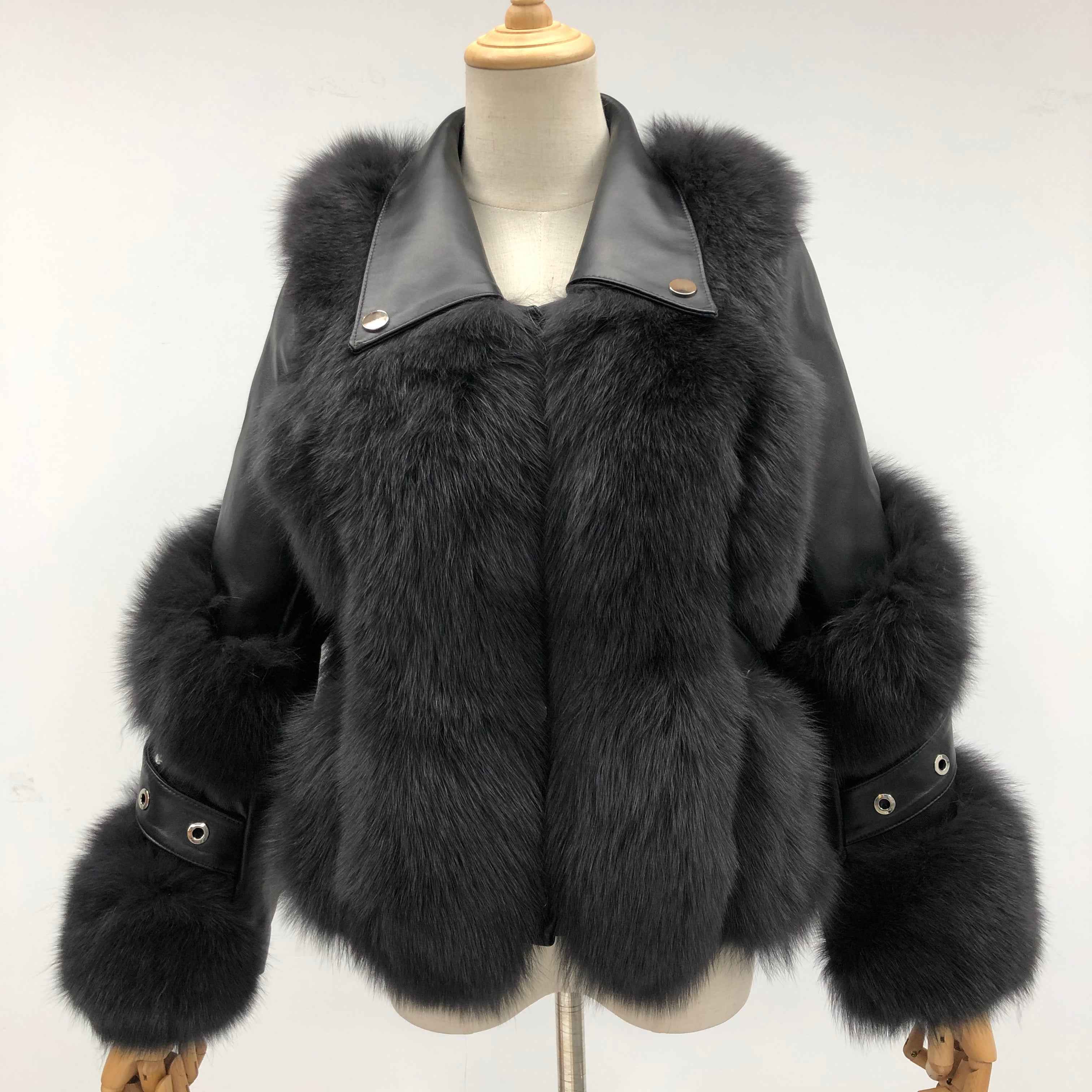 New Arrival Dark Grey Fox Fur Coat with Leather Patchwork - Cropped Biker Style Winter Outerwear" Black