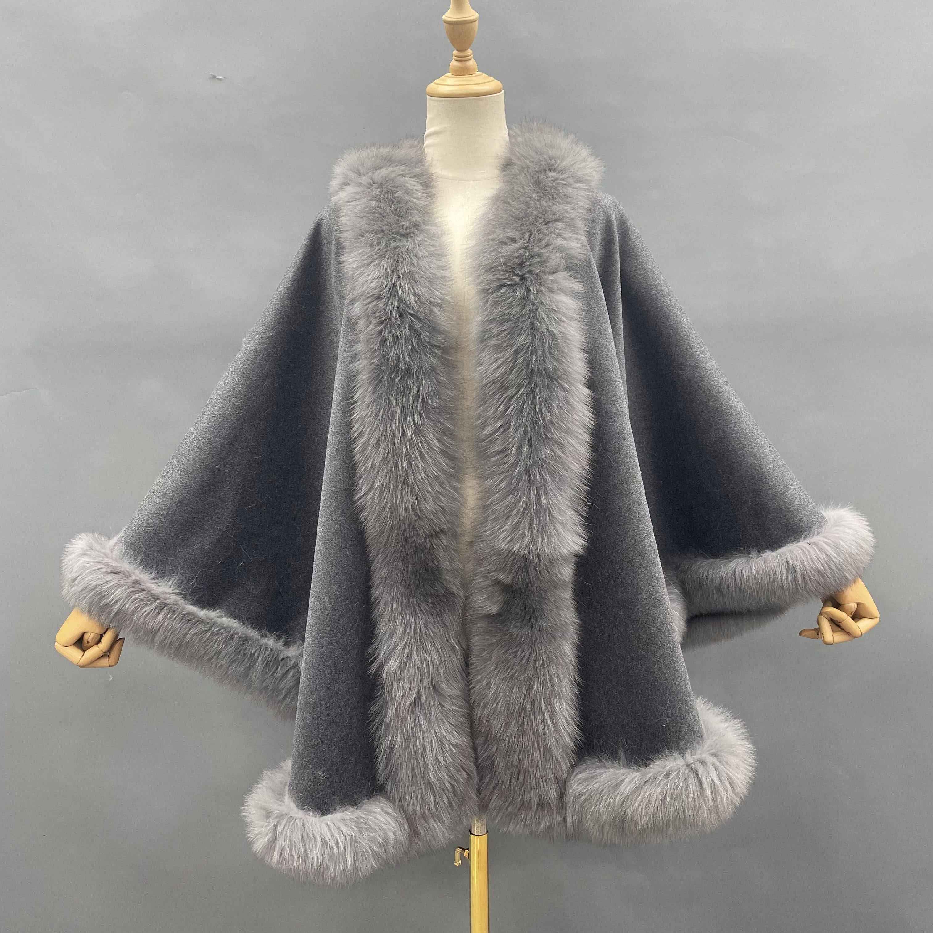 Women's Luxurious Cashmere Cape with Fox Fur Trim - Winter Fashion Outerwear 2#Black Sliver F
